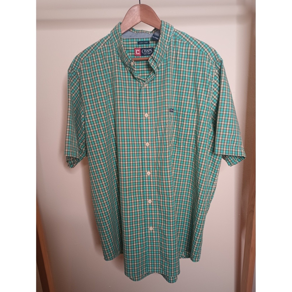 Chaps Mens Green Plaid Casual 2XL Easy Care Button Down Shirt Short Sleeve